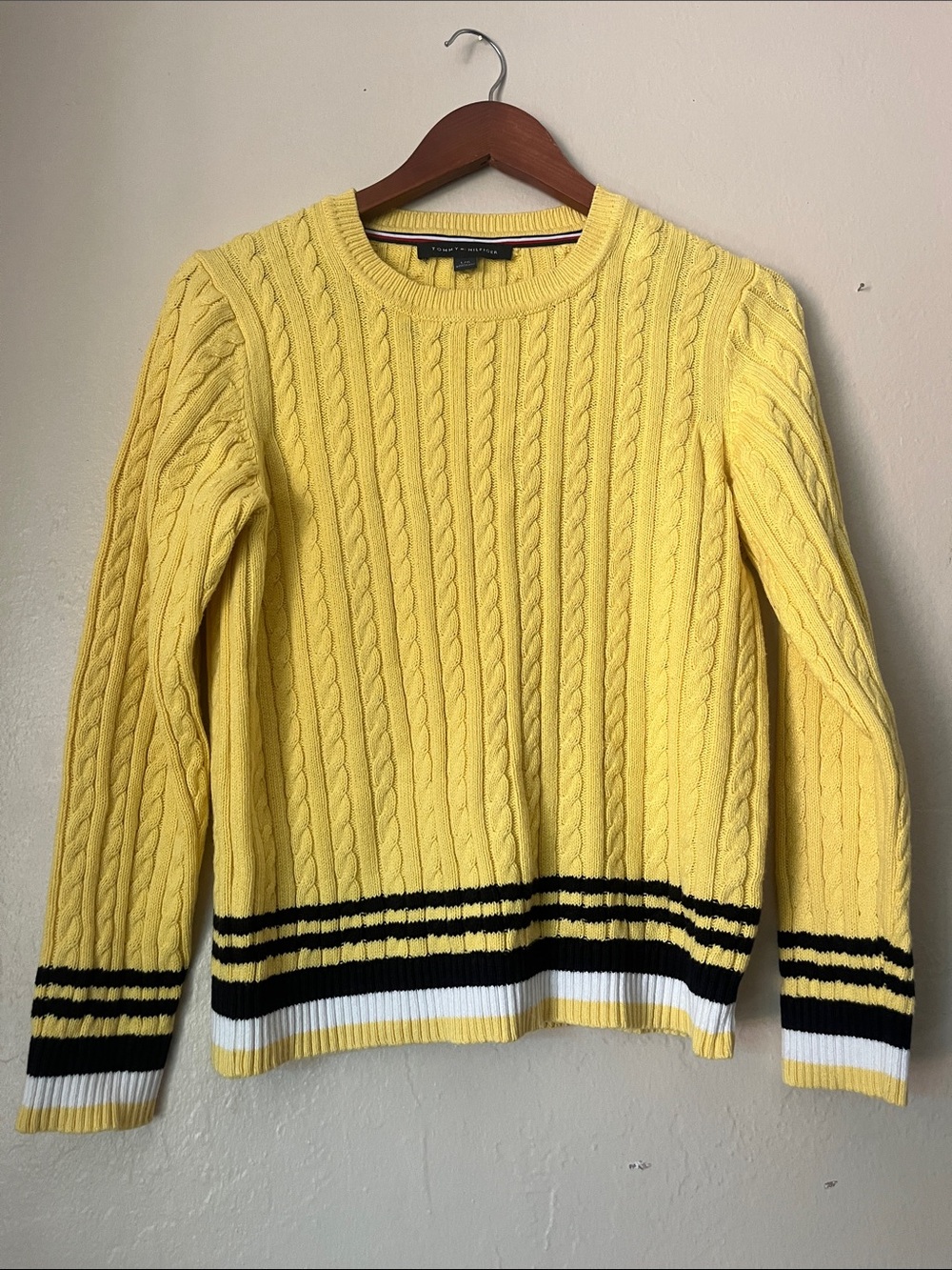 Tommy Hilfiger Yellow Cable Knit Crewneck Sweater with Black & White Stripe Hem